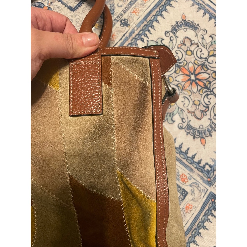 Claudia Firenze Italian Leather Suede Patchwork Tote Bag Brown Tan Yellow - Picture 2 of 7